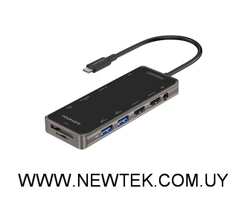 Adaptador PROMATE PrimeHub-Pro USB-C a USB/C SD mSD HDMI VGA Jack LAN 1000Mbps